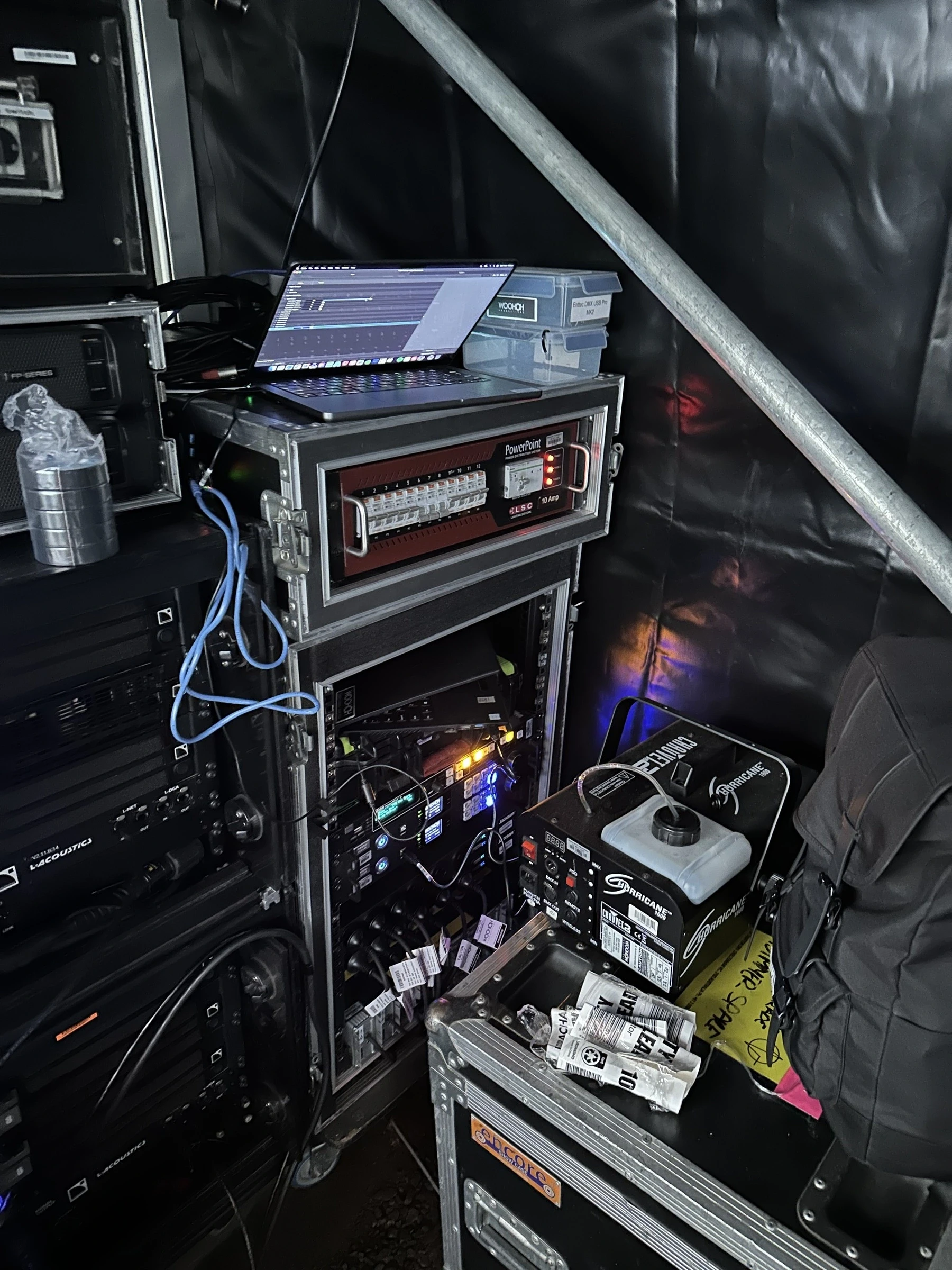 Mac minis set up in the control tent